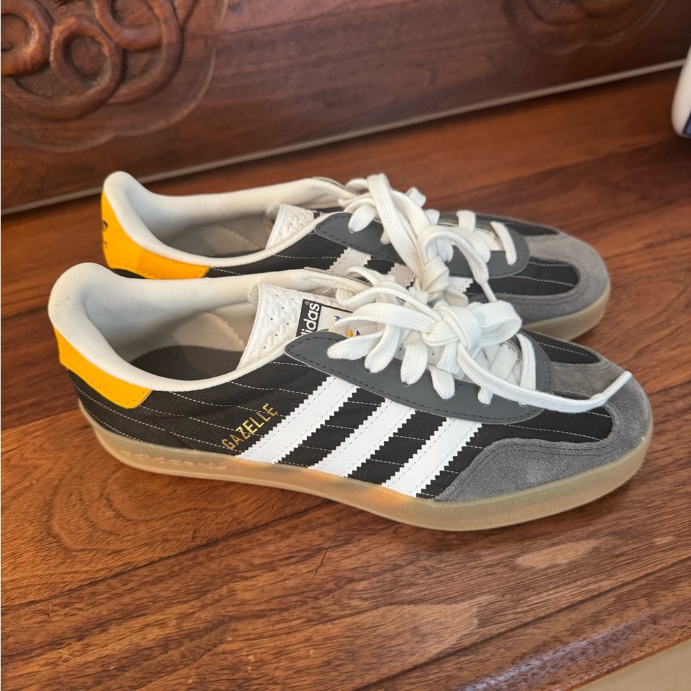 Brand new without box Adidas Gazelle Black and White with Yellow Highlights
